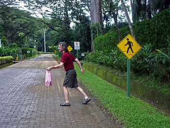 Versuch, wie auf dem Schild �ber sie Strasse zu gehen...